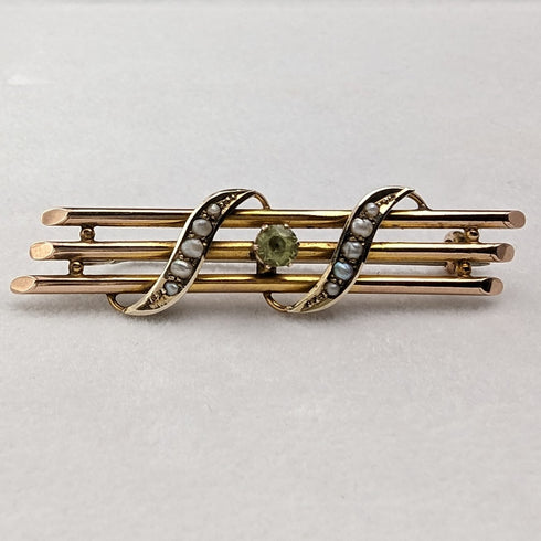 アンティーク 9ctゴールド製ブローチ グリーンストーン&パール